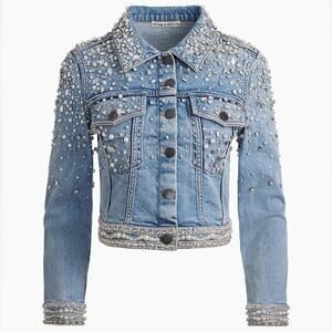 ALICE + OLIVIA Nelson Embellished Beaded Cropped Fitted Denim Jean Jacket Sm NEW